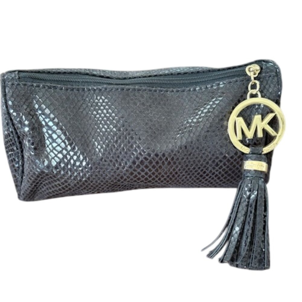 MICHAEL Michael Kors Black Snake-Embossed Cosmetic Pouch with Gold Logo Tassel